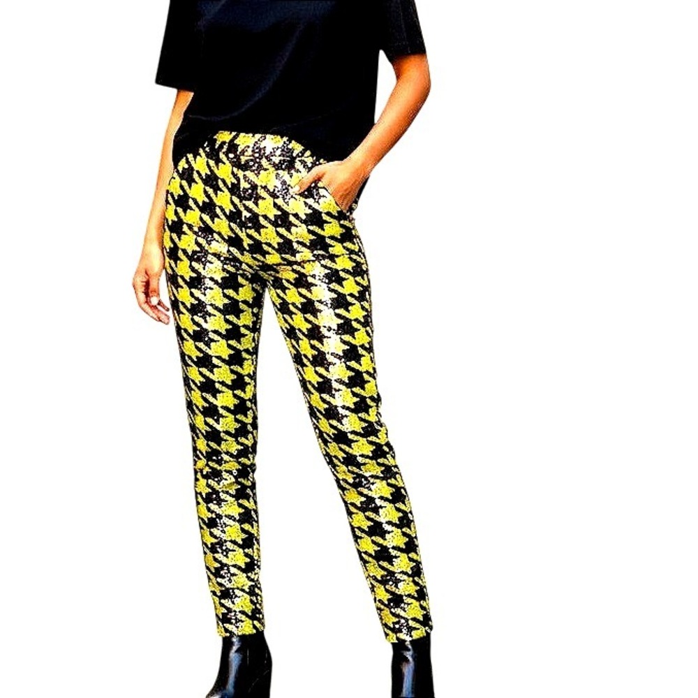 Sequined Pantora XS Houndstooth Pants Yellow Black High Waist Stretch Glamcore